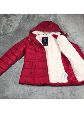 Hollister Jacket Womens Medium Red Puffer Collection Faux Sherpa Lined Coat